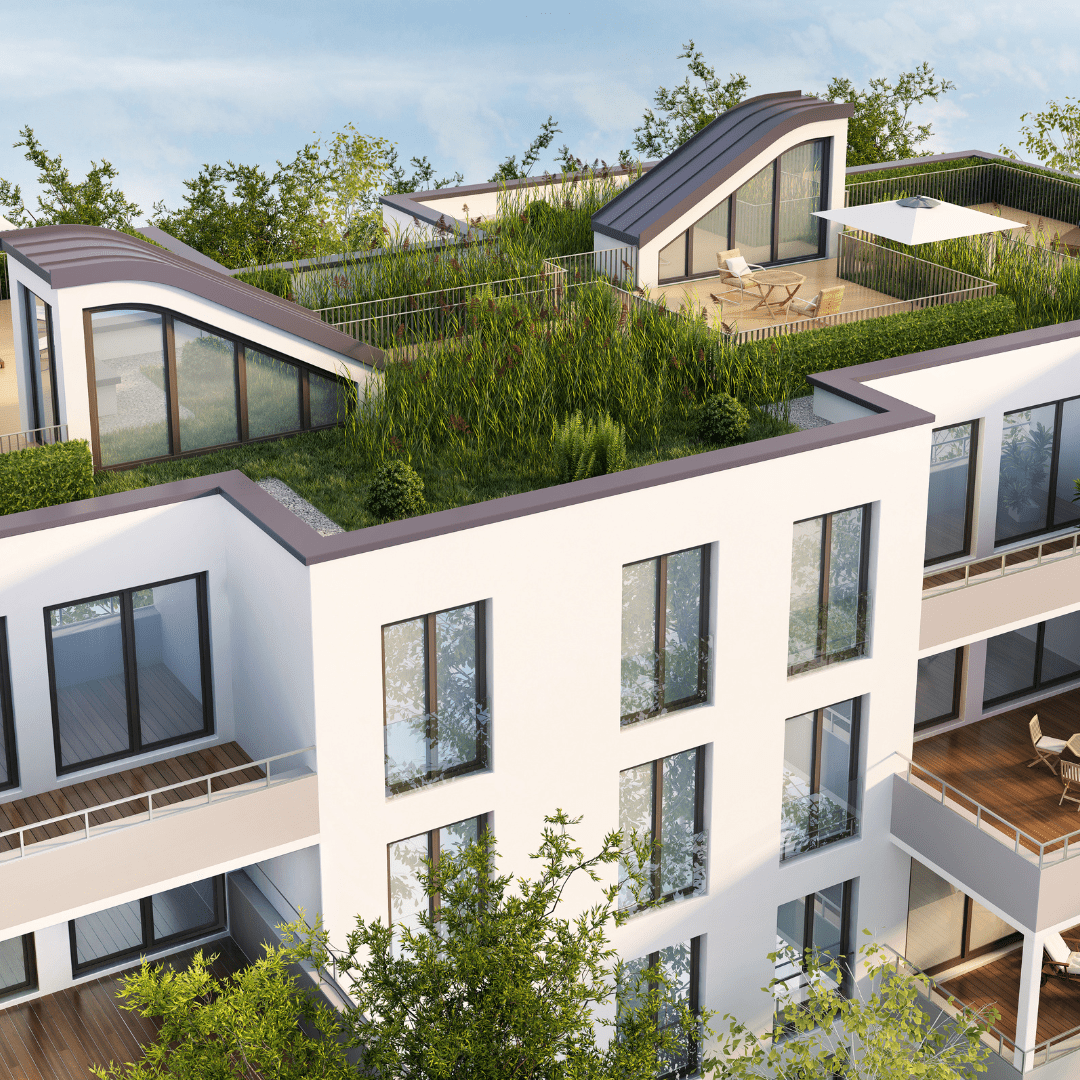 Vue en plongée d'une toiture terrasse jardin