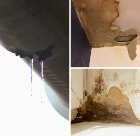 3 photos représentant des infiltrations en toitures